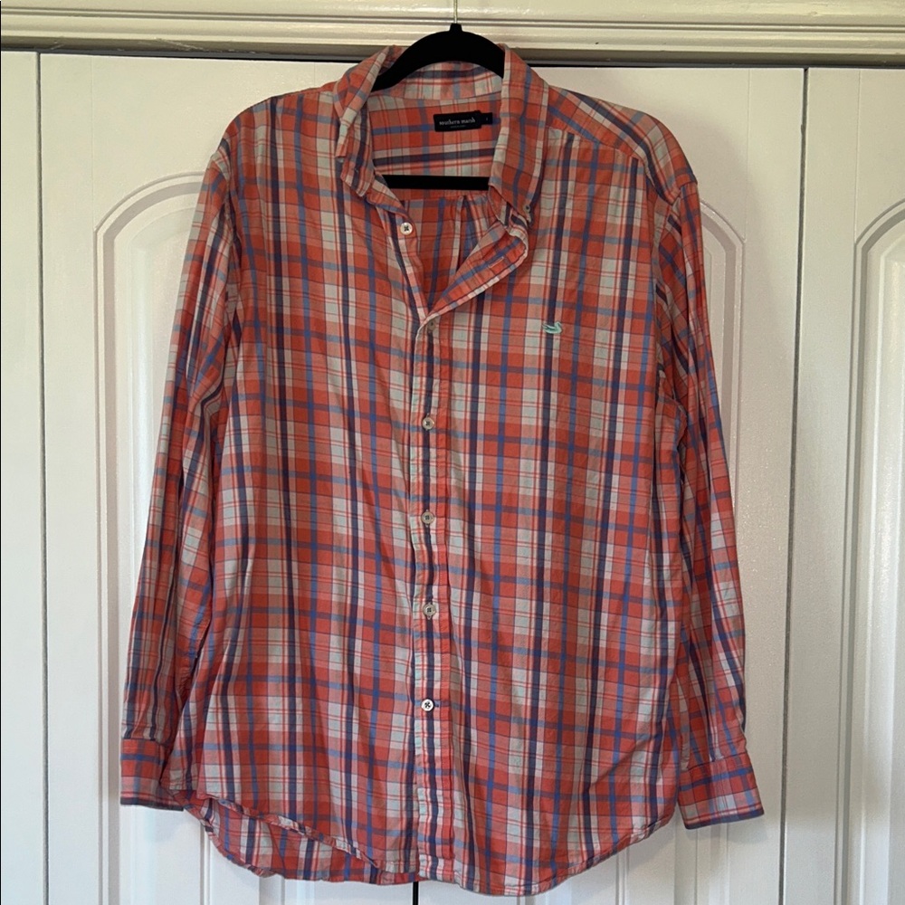 Men's Southern Marsh Casual Plaid Button-Down Shirt — Peach and Blue